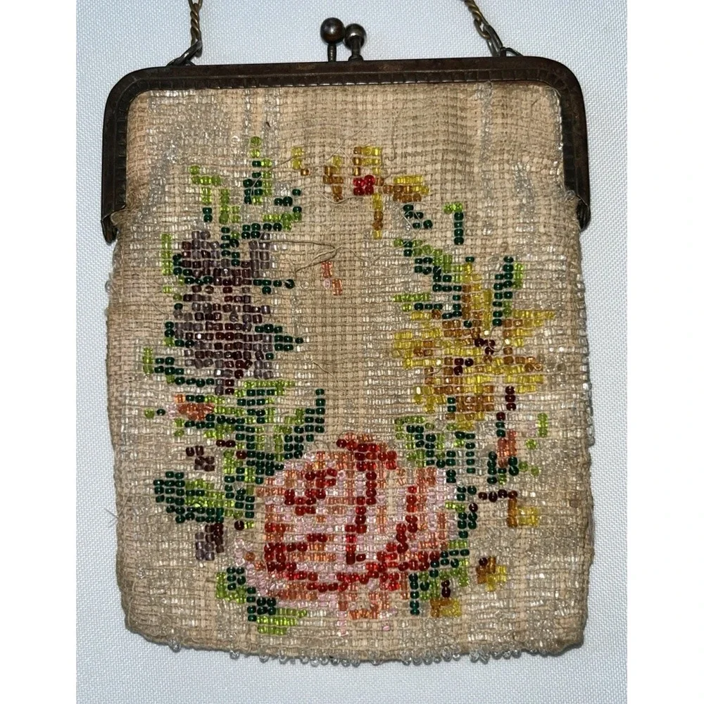 As Is Antique Micro Beaded Purse Floral For Repair Parts Crafting 1920's Frame
